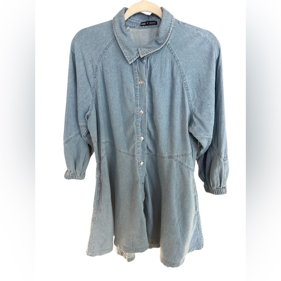 Le La Lo Chambray Light Wash Denim Cotton Shirt Dress Women's Medium Pockets - Picture 4 of 7